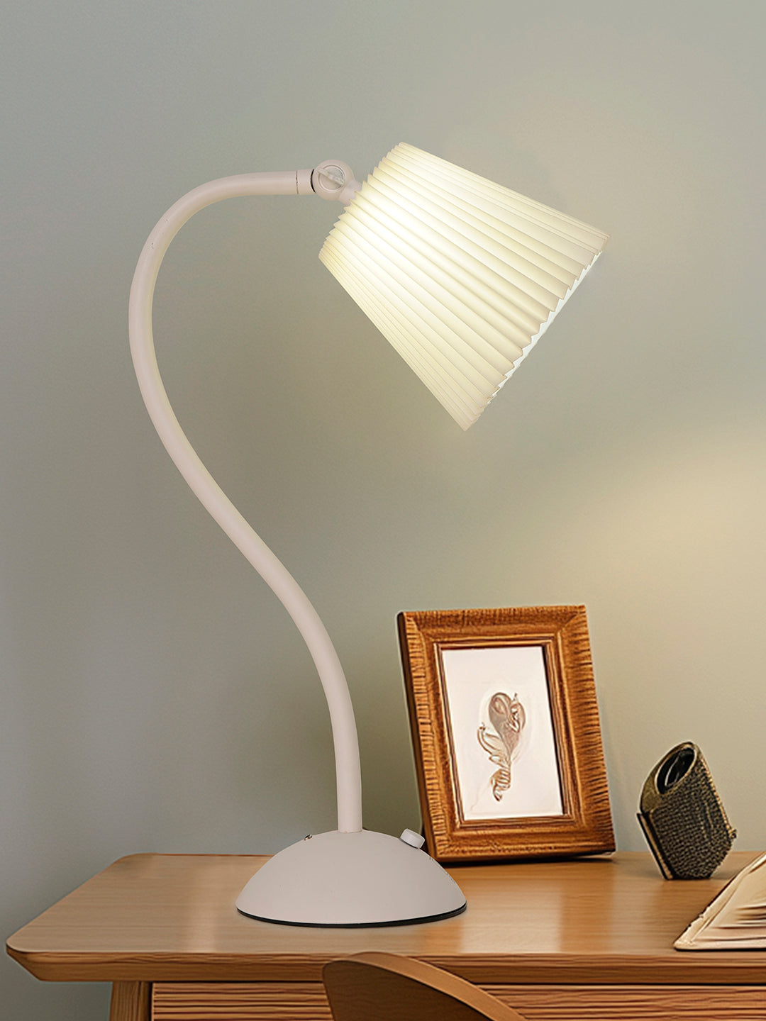 White Touch-Dimmable Rechargeable Mini Desk Lamp with Pleated Shade - Modern Gooseneck Table Light