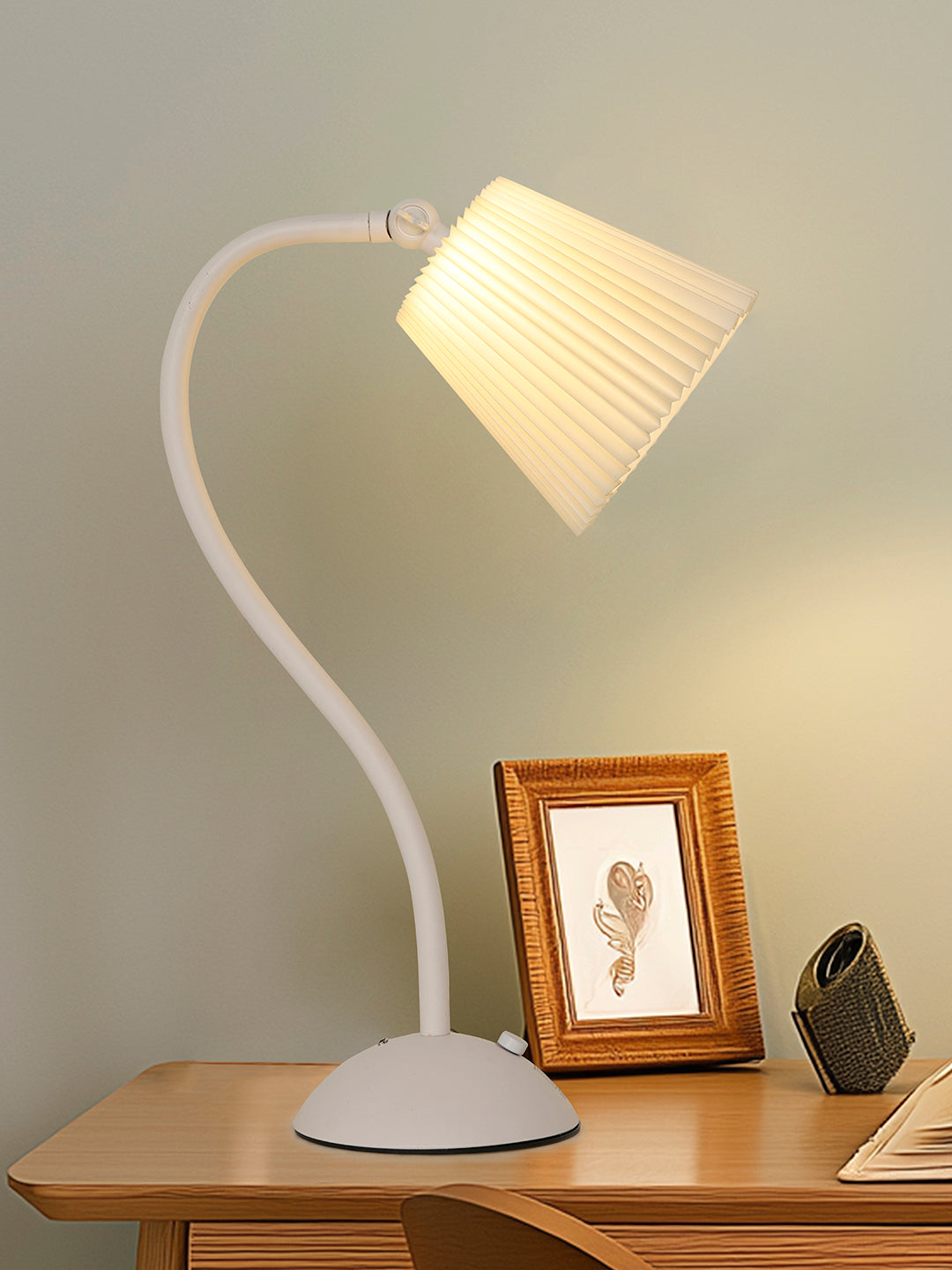White Touch-Dimmable Rechargeable Mini Desk Lamp with Pleated Shade - Modern Gooseneck Table Light