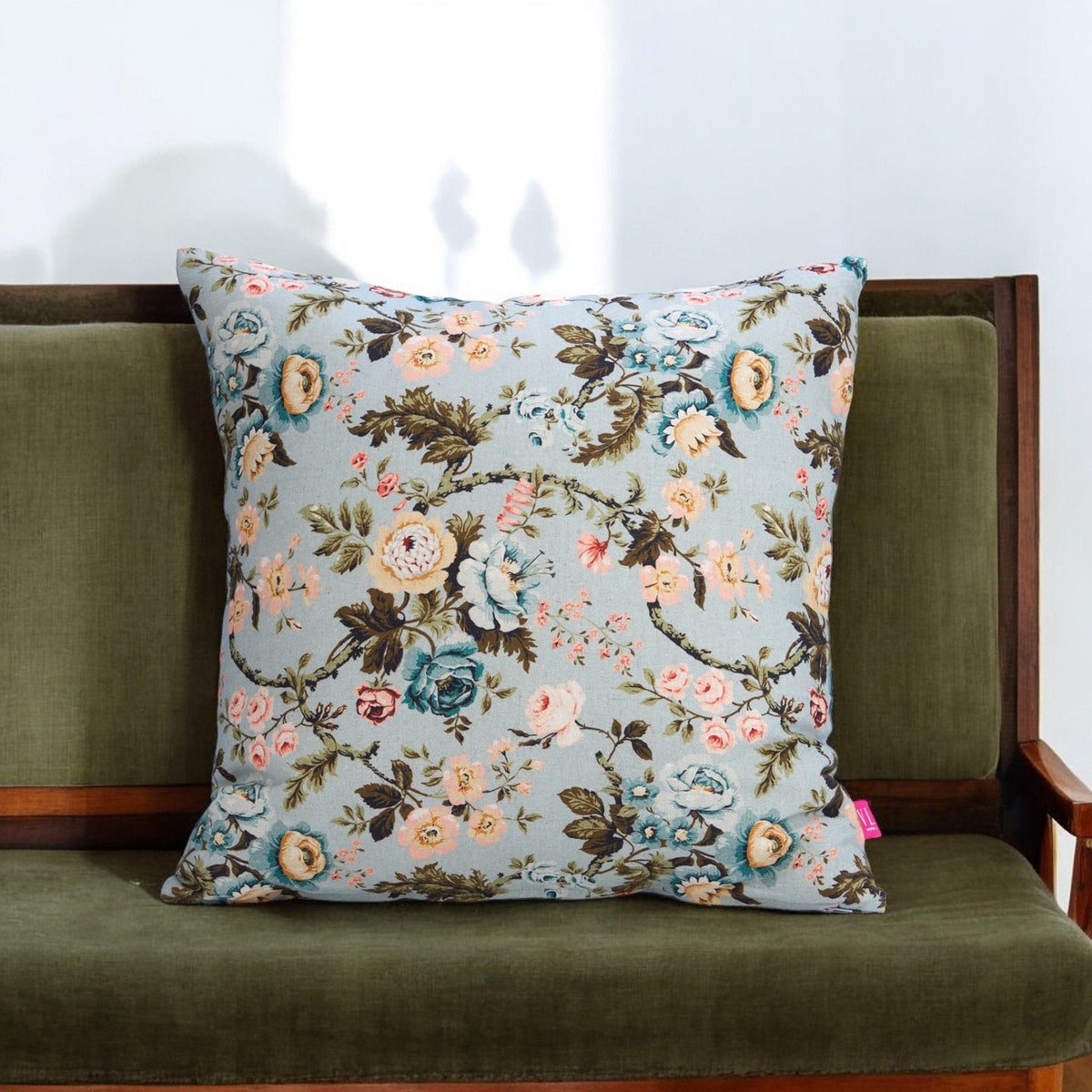 Amour Duck Egg Linen Pillow Cover | Vintage Rose Print | 16×16, 18×18 & 12×30 inches