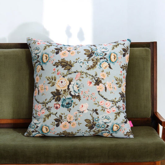 Amour Duck Egg Linen Pillow Cover | Vintage Rose Print | 16×16, 18×18 & 12×30 inches
