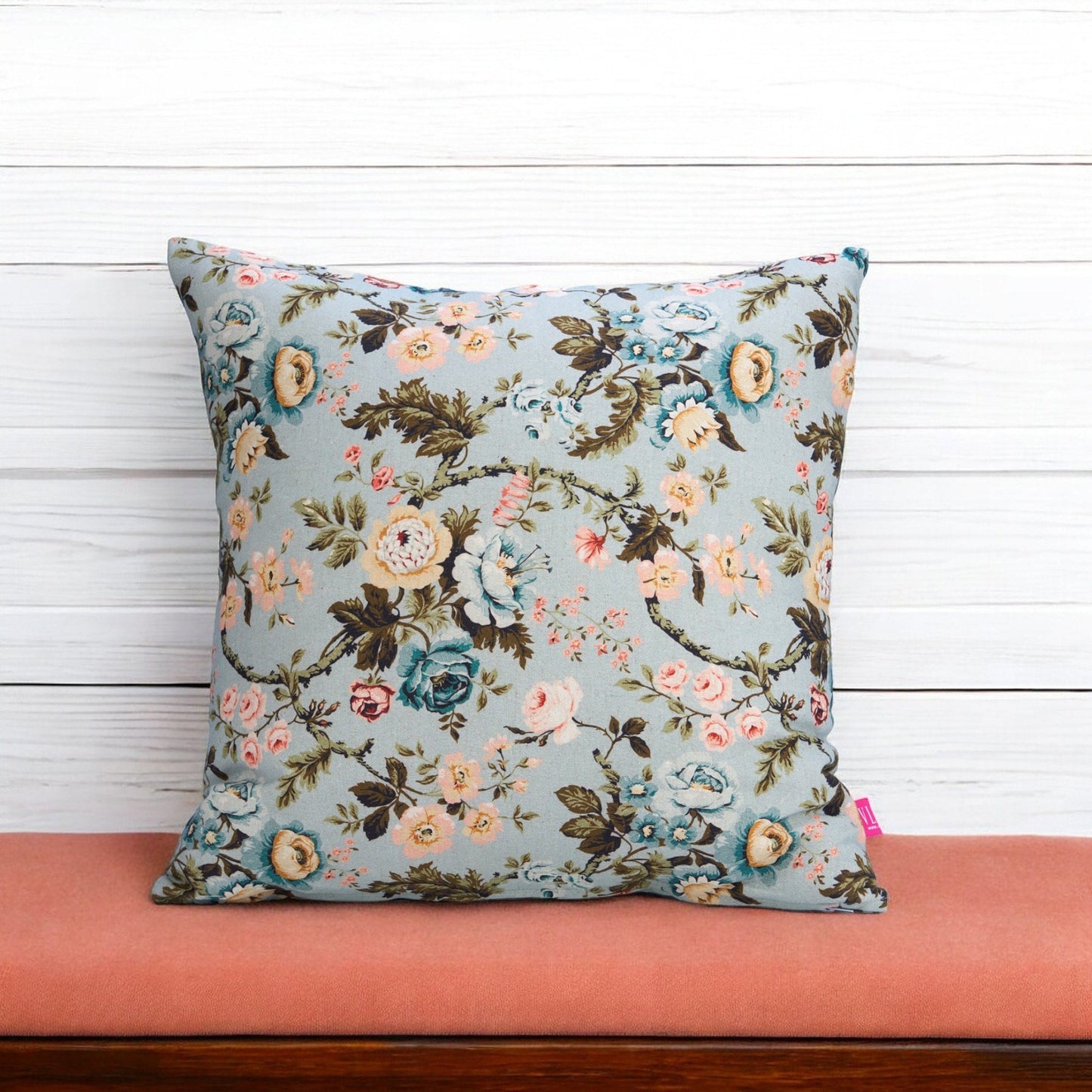 AMOUR Duck Egg Linen Pillow Cover Vintage Rose Print Reversible