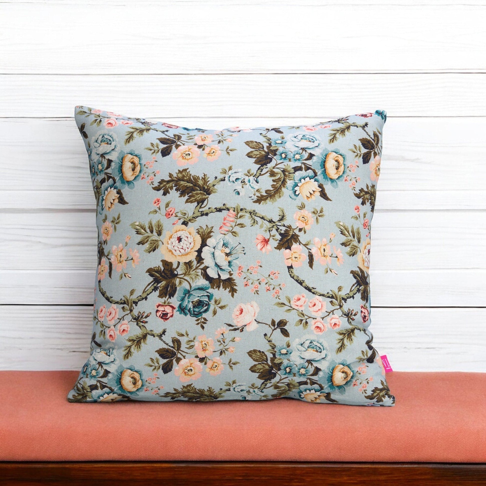AMOUR Duck Egg Linen Pillow Cover Vintage Rose Print Reversible