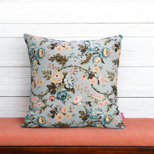 AMOUR Duck Egg Linen Pillow Cover Vintage Rose Print Reversible