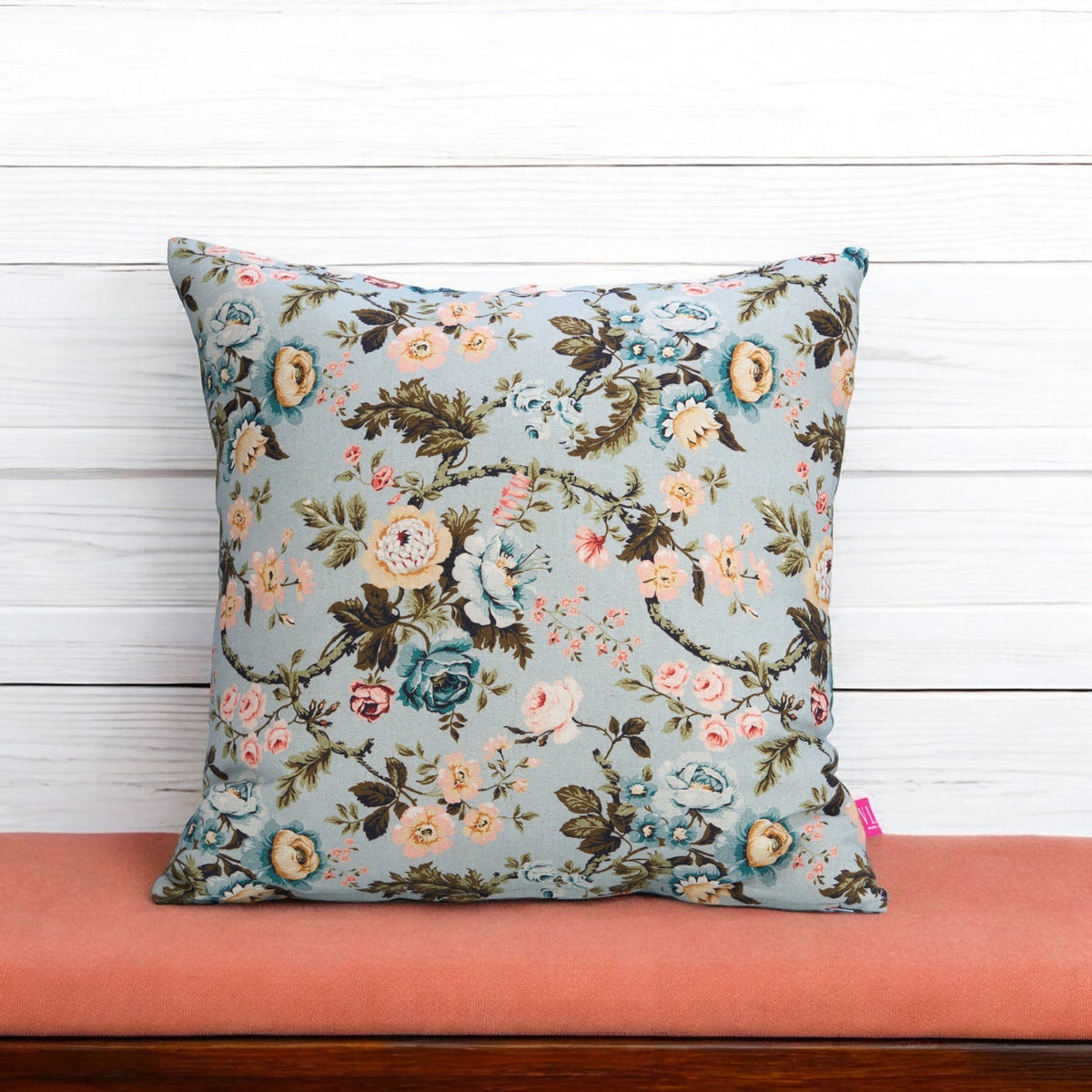 Amour Duck Egg Linen Pillow Cover | Vintage Rose Print | 16×16, 18×18 & 12×30 inches