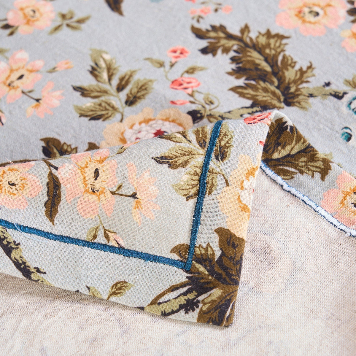 Amour Duck Egg Linen Tablecloth | Vintage Rose Print | 3 Sizes incl. Round