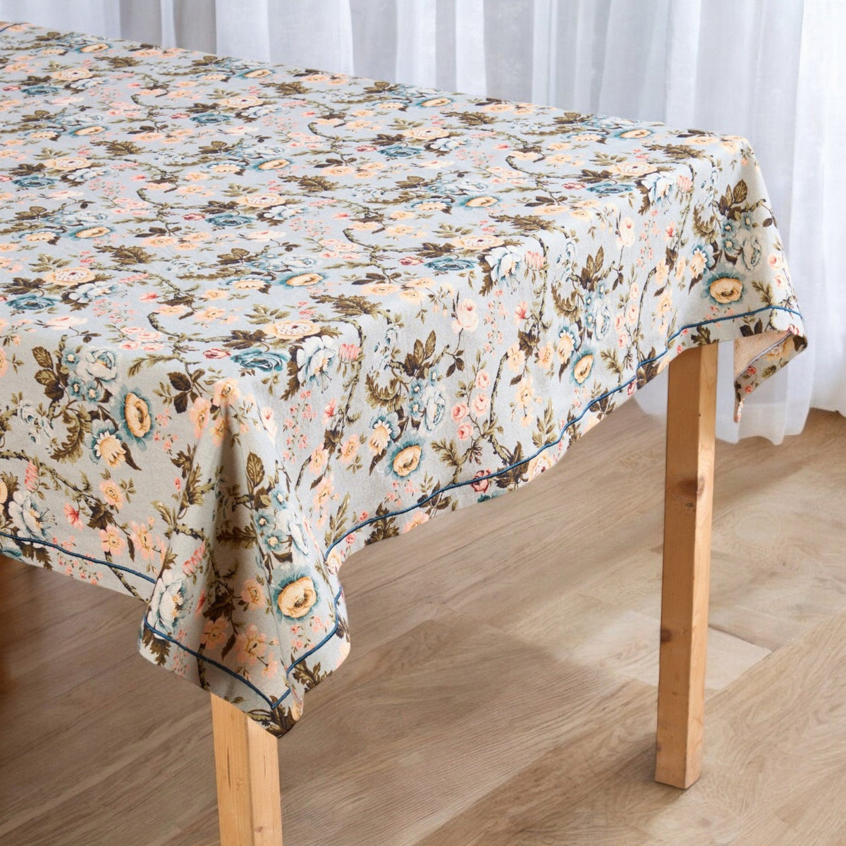 Amour Duck Egg Linen Tablecloth | Vintage Rose Print | 3 Sizes incl. Round