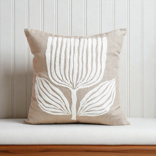 Pure Elements Linen Pillow Cover with White Aari Floral Embroidery