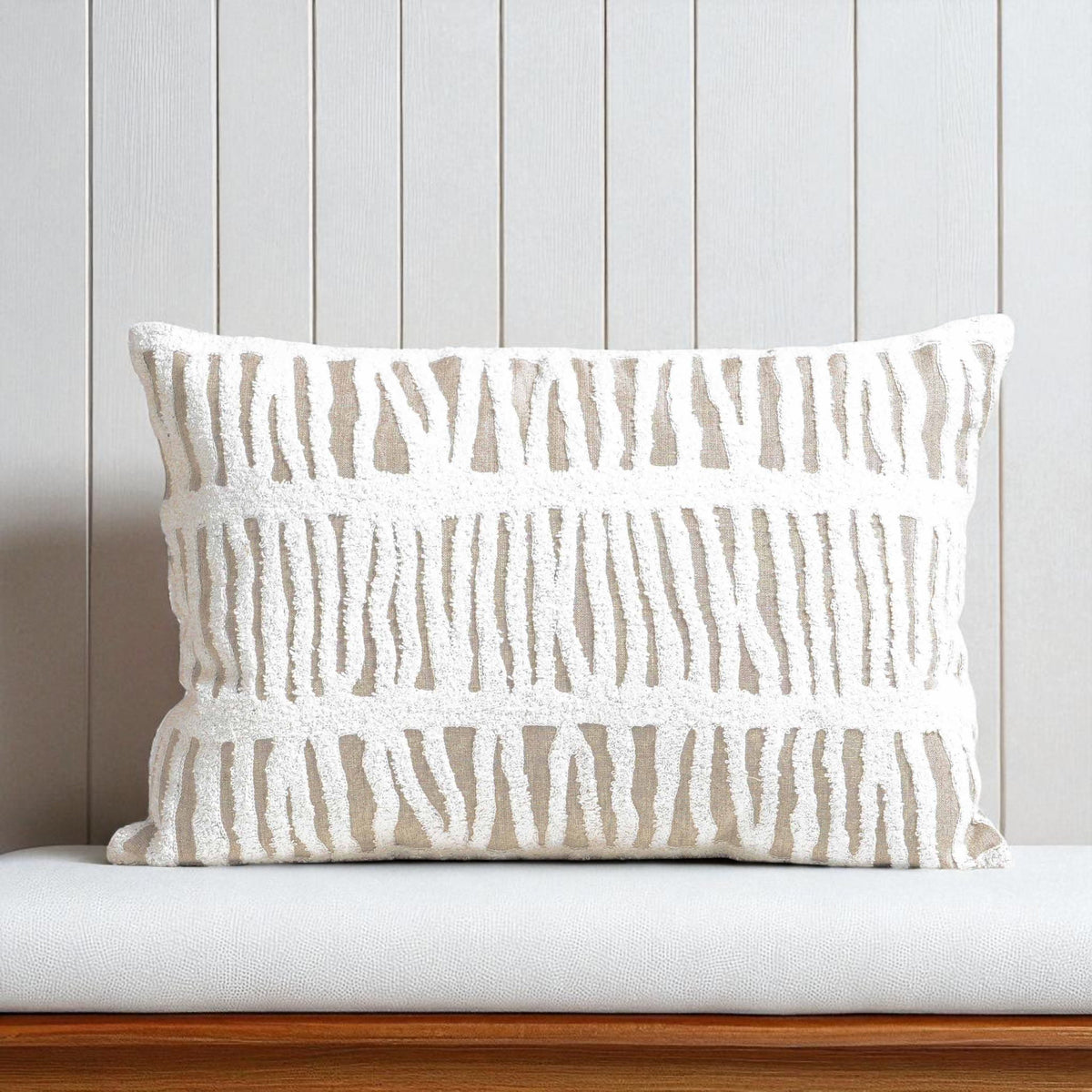 PURE ELEMENTS -Pure Linen Pillow Cover with White Aari Embroidery- abstract stripe | 14X21 inches