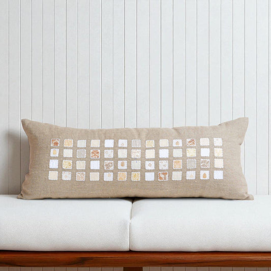 PURE ELEMENTS - Pure Linen Pillow Cover with White Grid Appliqué & Rice Stitch Embroidery | 12X30 inches