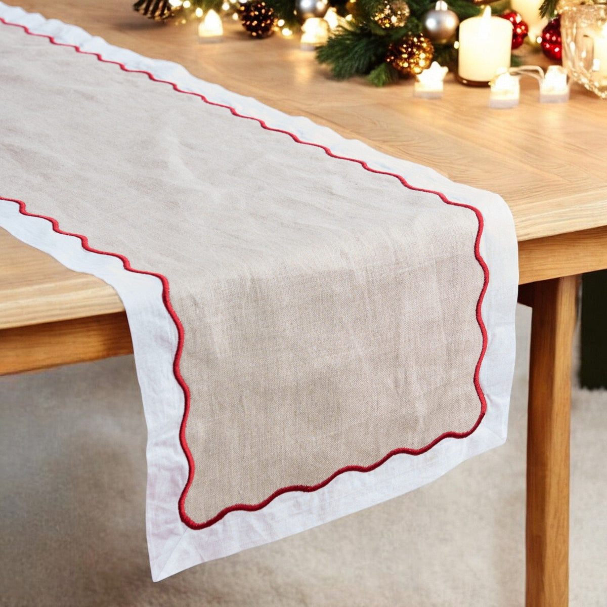 Christmas Table Runner | Linen & Cotton Wave Scallop Appliqué Embroidery
