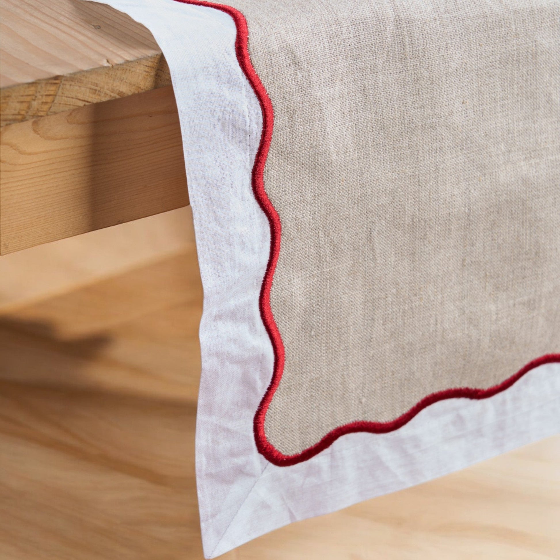 Elegant Christmas Linen-Cotton Table Runner with Wave Scallop Embroidery