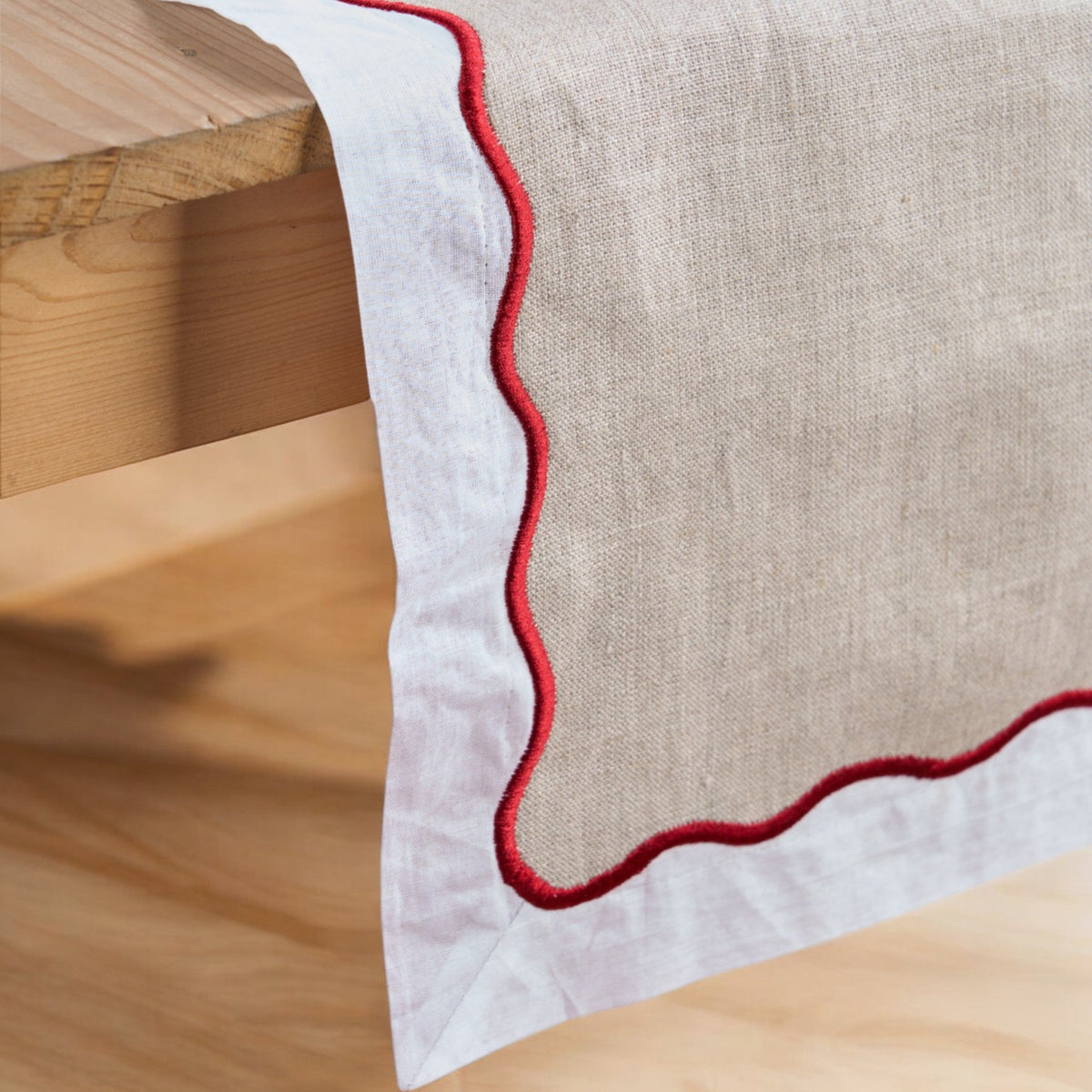 Christmas Table Runner | Linen & Cotton Wave Scallop Appliqué Embroidery