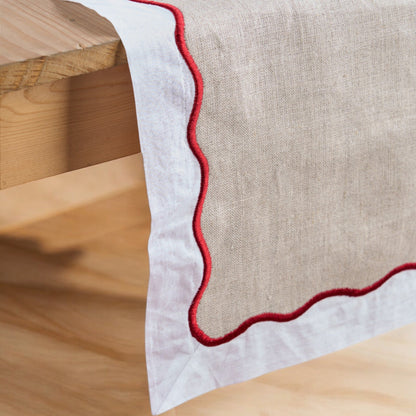 Christmas Table Runner | Linen & Cotton Wave Scallop Appliqué Embroidery