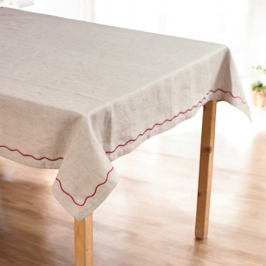 Pure Natural Linen Table Cloth with Red Wave Embroidery