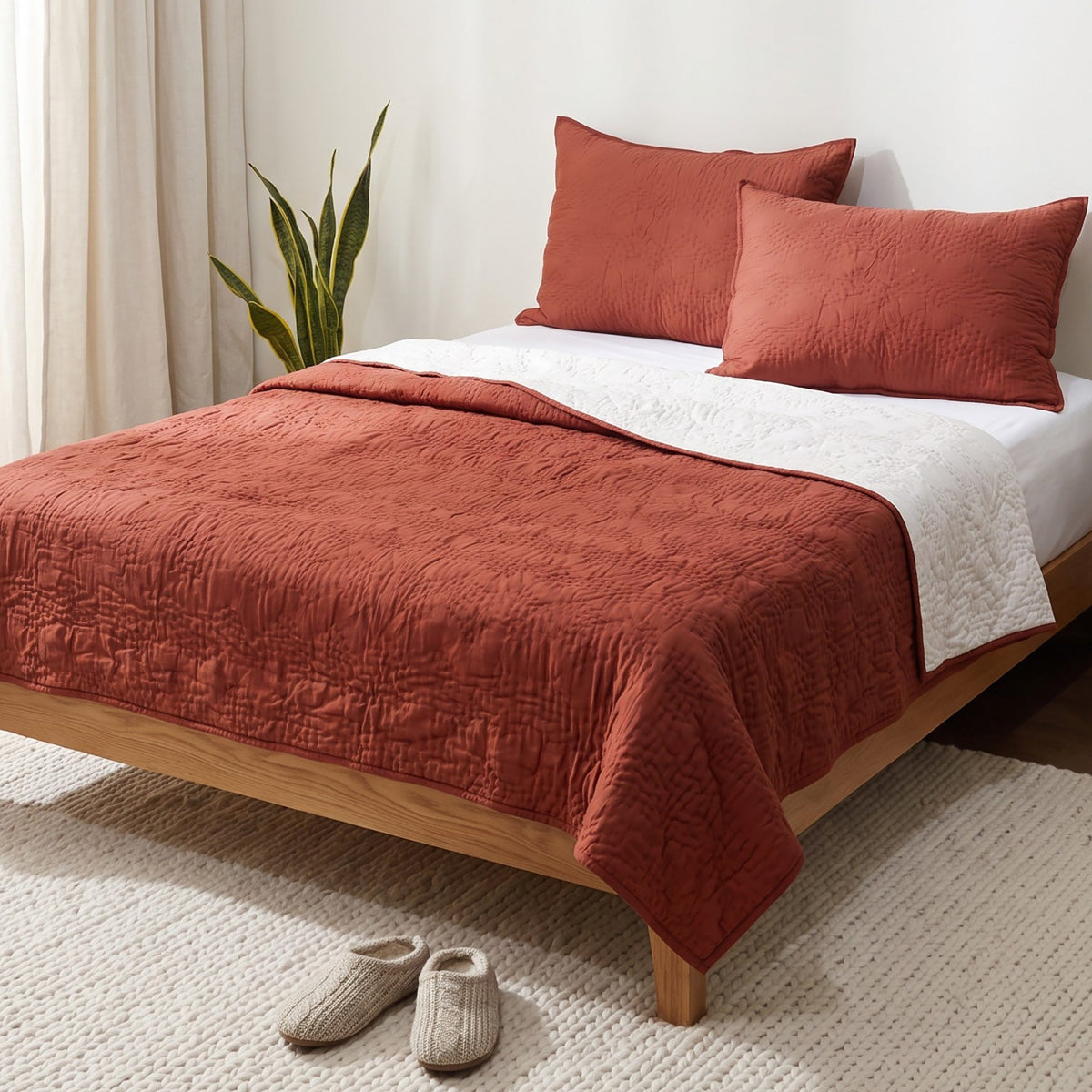 Rust Kantha Quilted Bed Set | Chevron Pattern | Handmade | Twin, Queen & King