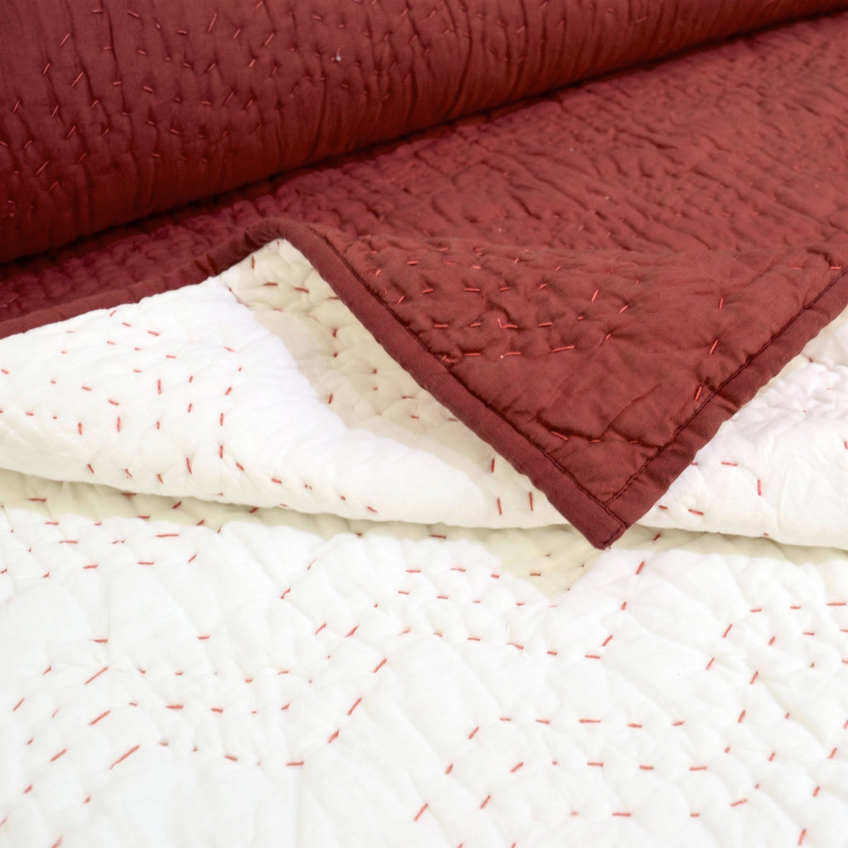 Rust Kantha Quilted Bed Set | Chevron Pattern | Handmade | Twin, Queen & King
