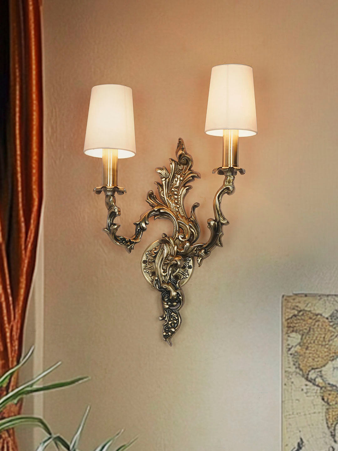 Brass Antique Fabric Aluminium 2-Light Wall Sconce – 55.9 cm
