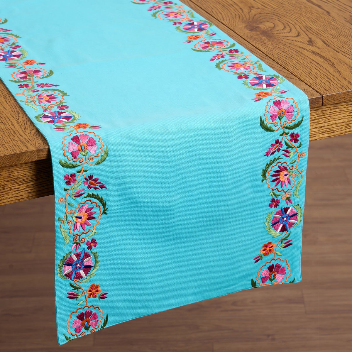 Kashidakaari Turquoise Table Runner | Embroidered Suzani Border | 100% Cotton