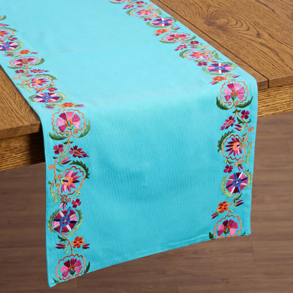 Kashidakaari Turquoise Table Runner | Embroidered Suzani Border | 100% Cotton