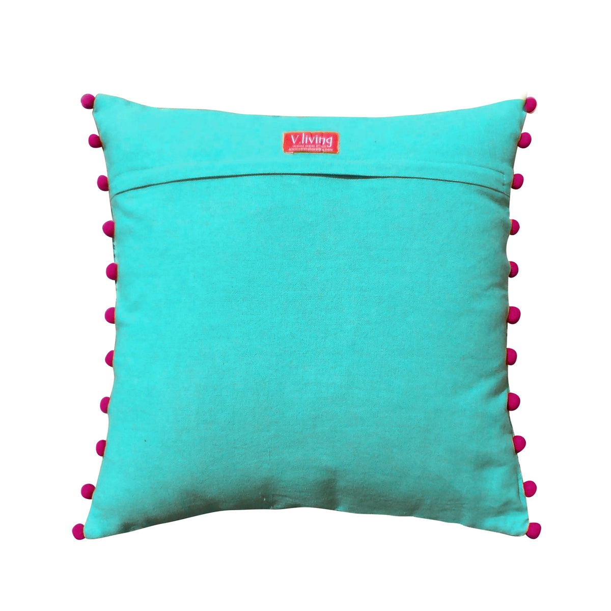 Stylized Solid Turquoise Cushion Cover with Rice Stitch & Pompoms