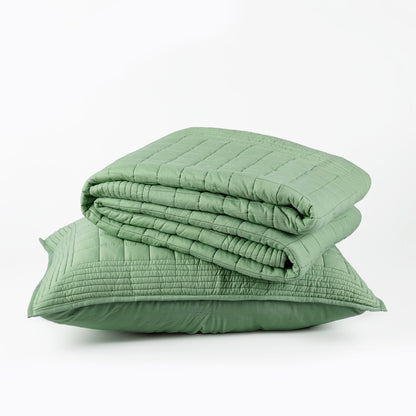 Sage Green Kantha Quilt Bed Set | Check Pattern with Striped Border | Cotton Voile | Handmade