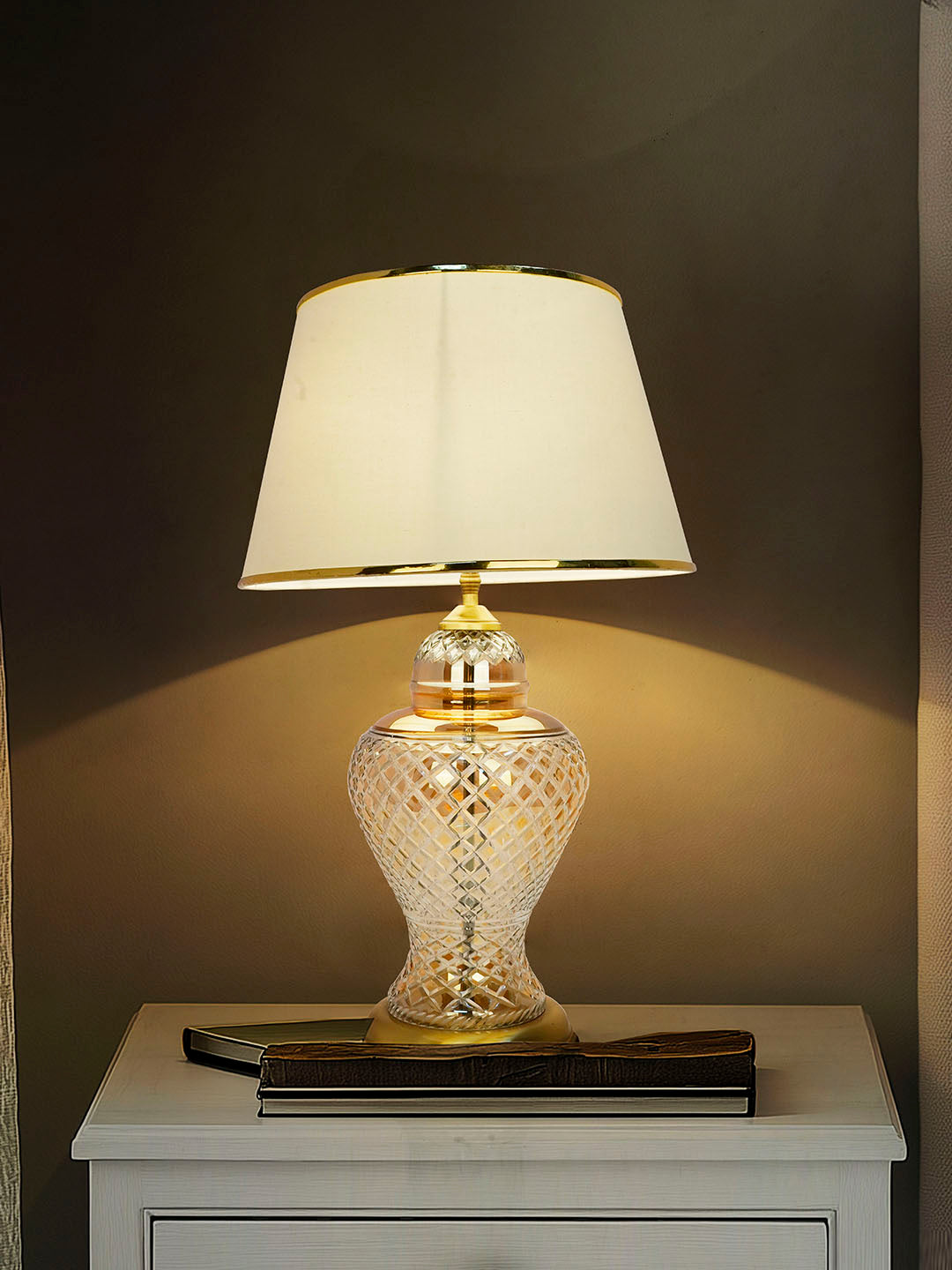 Golden Luster Glass Urn Table Lamp with Cream Shade and Golden Beading