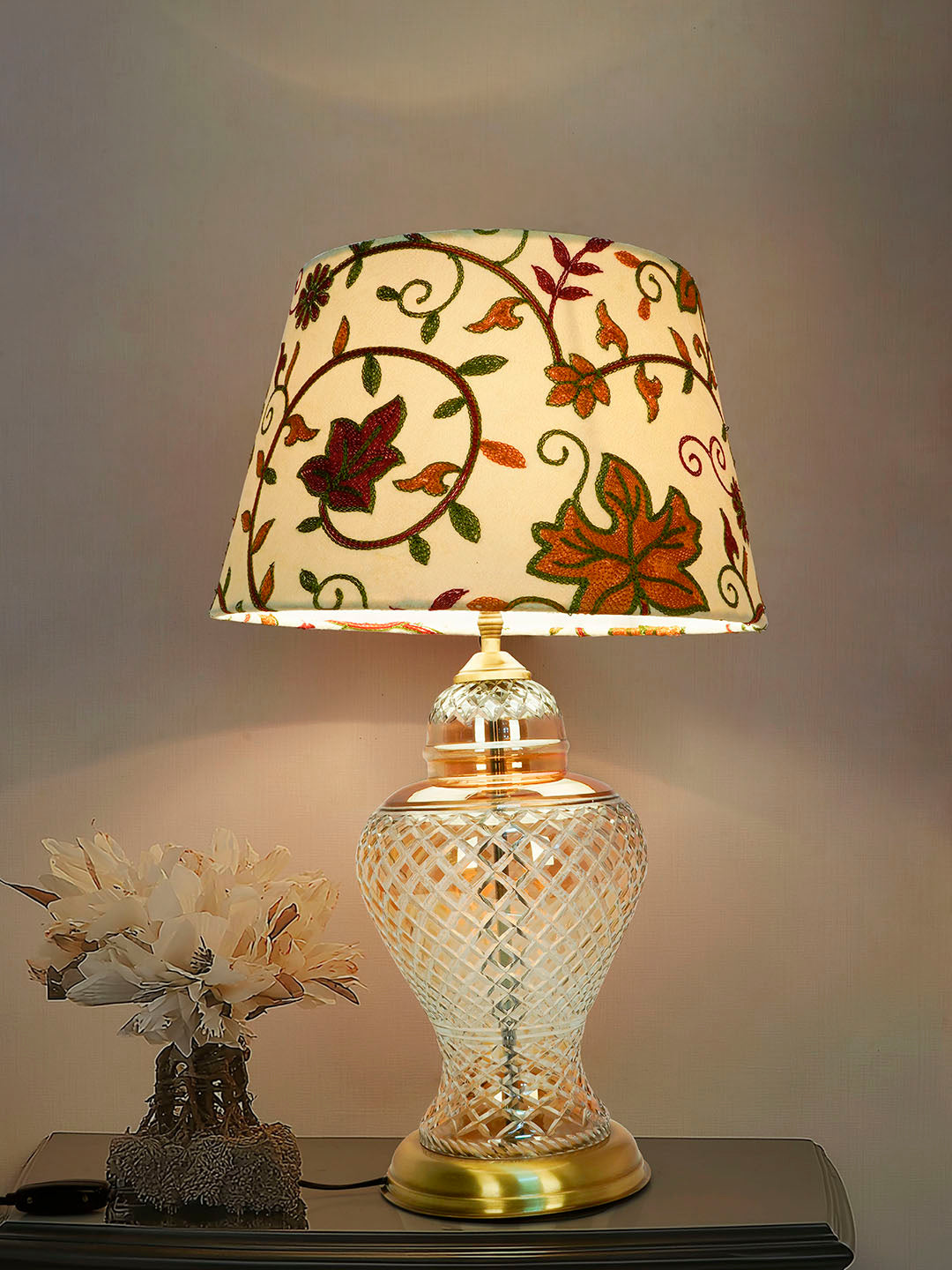 Golden Luster Glass Urn Table Lamp with Kashida Shade