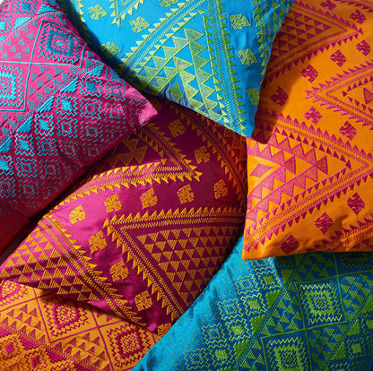 Kilim Pattern Embroidered Cushion Cover – Hot Pink & Orange