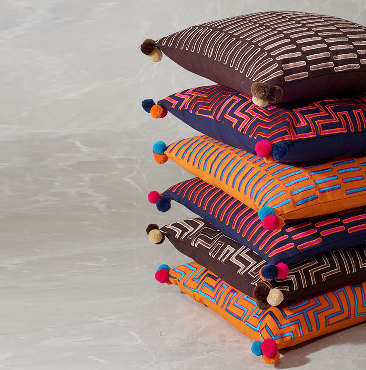 Mola Inspired Tangerine Orange Embroidered Cushion Cover – Blue & Pink Pompom Corners, 3 Sizes