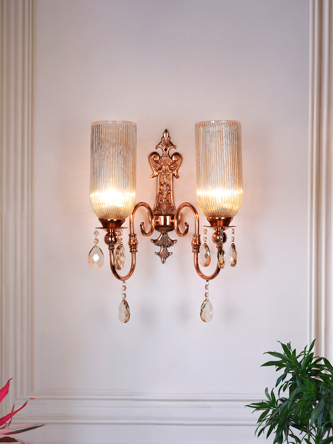 Polished Copper Glass Mild Steel 2-Light Wall Sconce – 53.3 cm