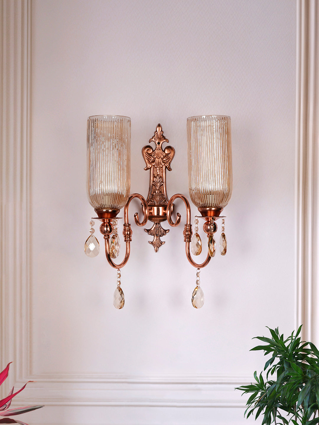 Polished Copper Glass Mild Steel 2-Light Wall Sconce – 53.3 cm