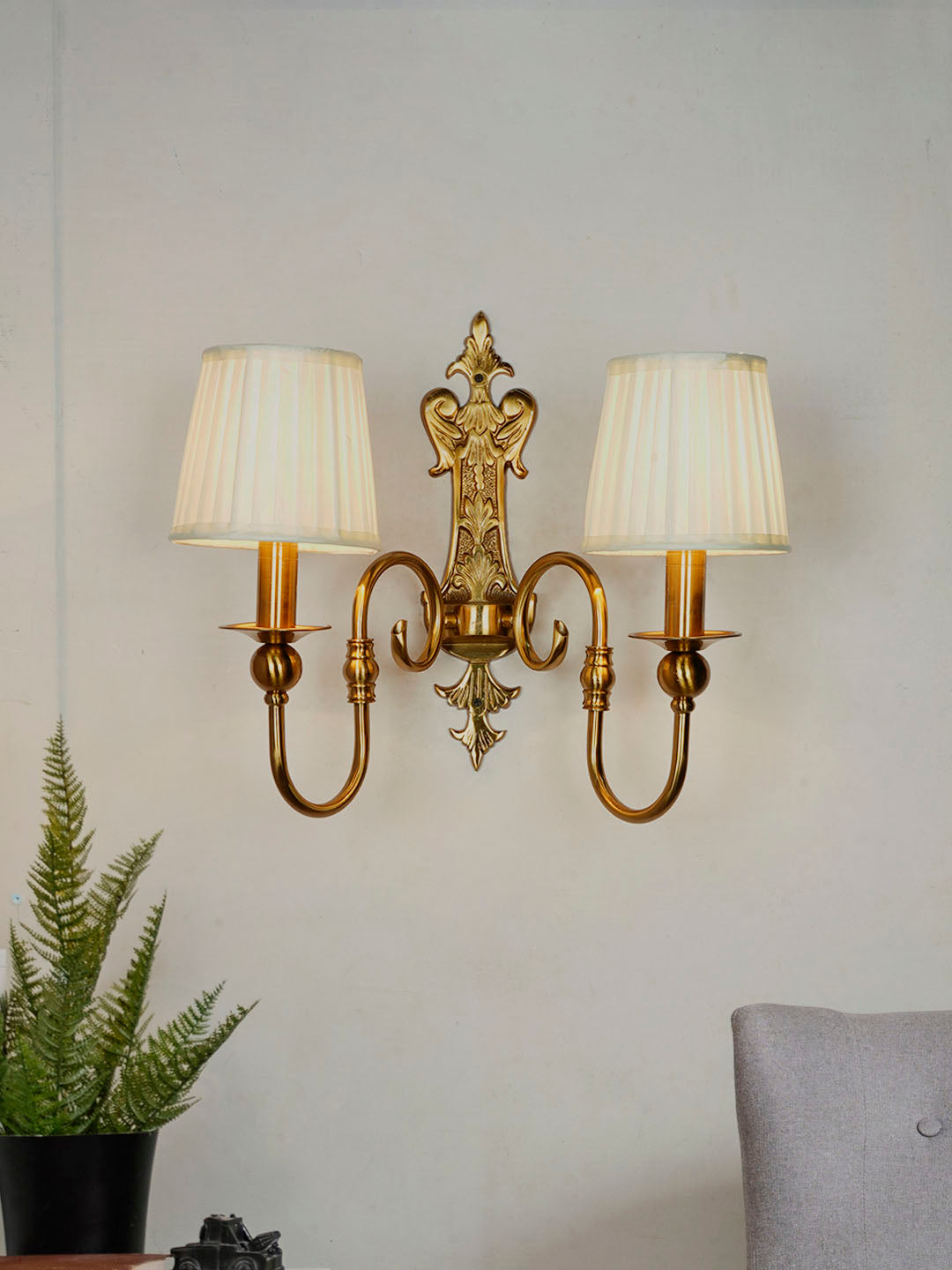 Brass Antique Fabric Mild Steel 2-Light Wall Sconce – 41.9 cm