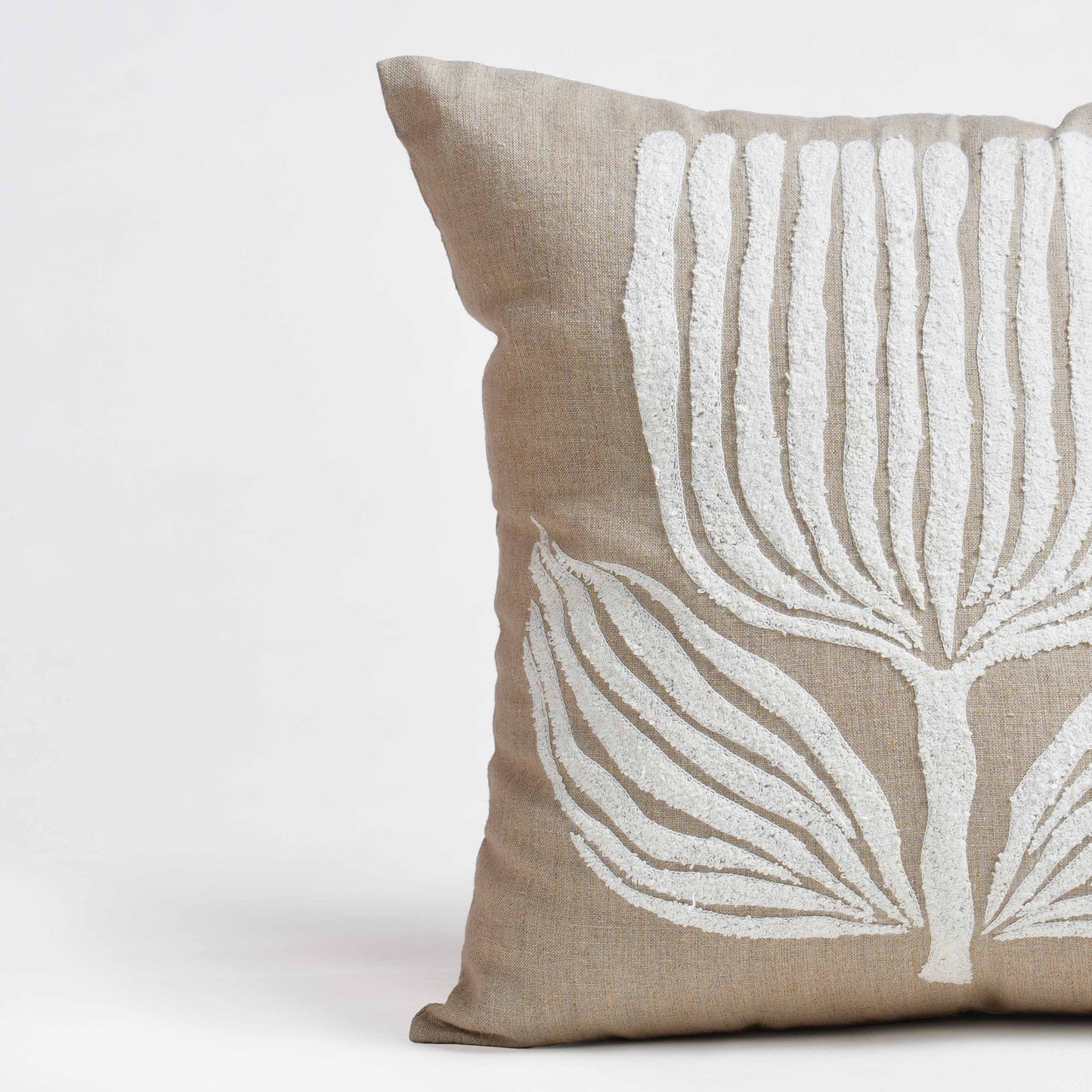 Pure Elements Linen Pillow Cover with White Aari Floral Embroidery