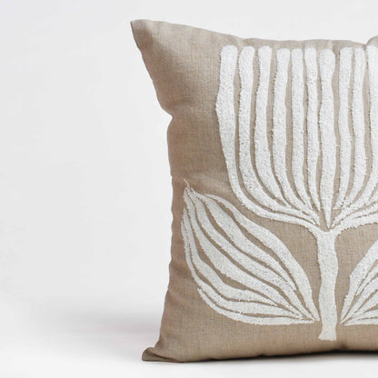 Pure Elements Linen Pillow Cover with White Aari Floral Embroidery