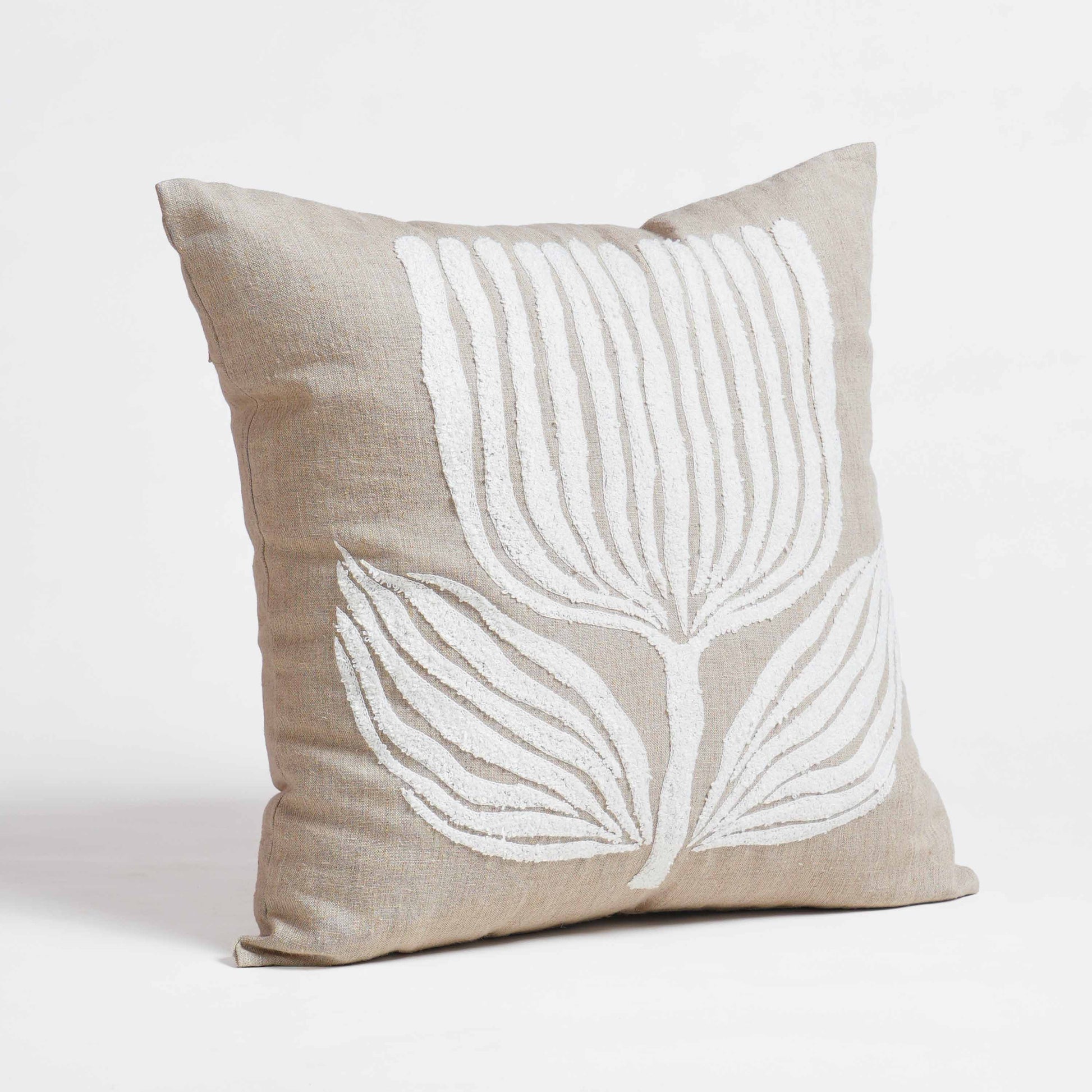 Pure Elements Linen Pillow Cover with White Aari Floral Embroidery