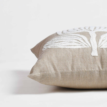 Pure Elements Linen Pillow Cover with White Aari Floral Embroidery