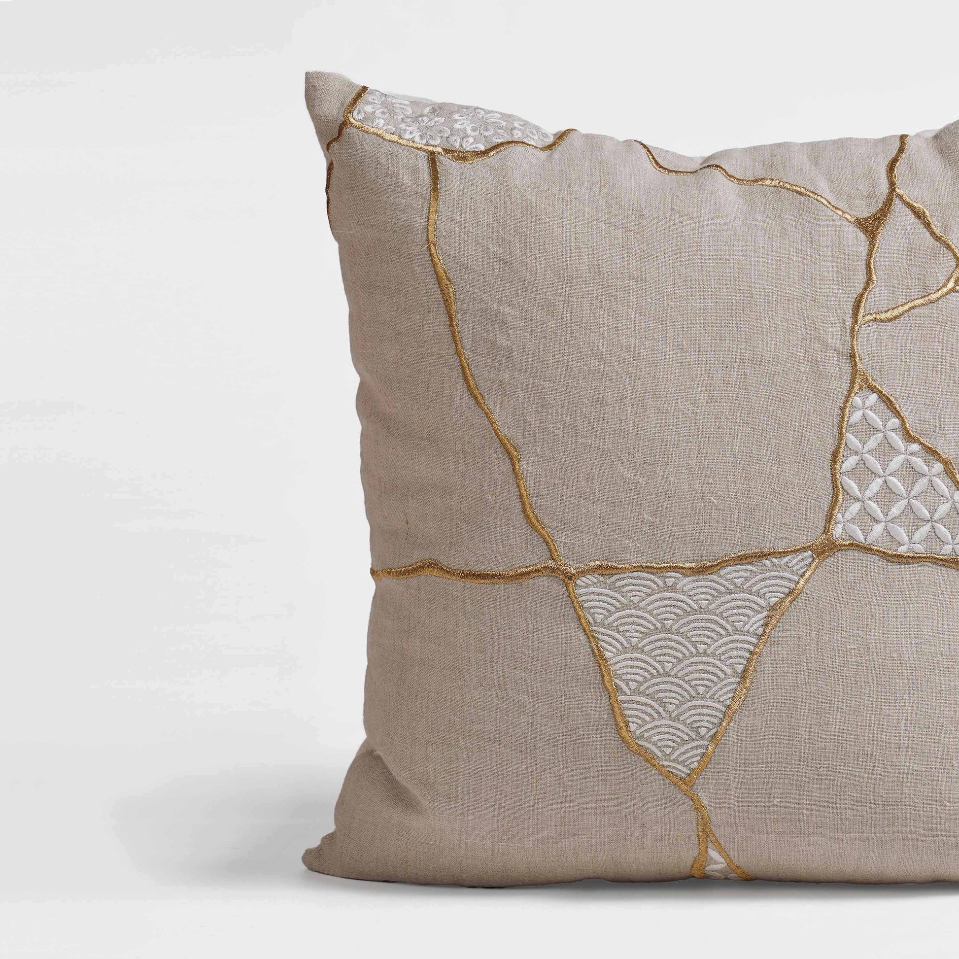 Kintsugi Gold Embroidered Linen Pillow Cover 45cm Square