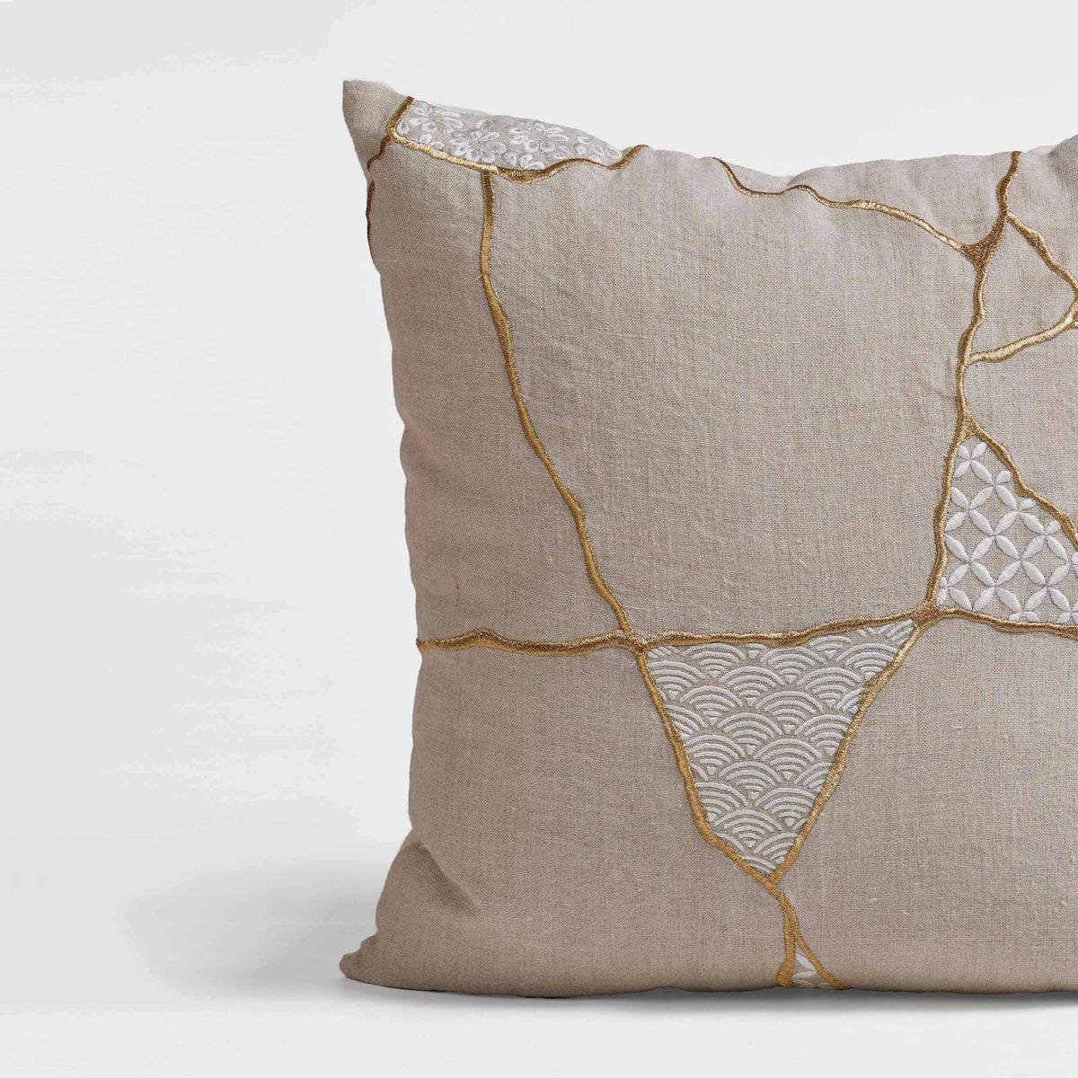 KINTSUGI Embroidered Linen Pillow Cover – 18x18 Inch, Gold & White Embroidery, Medium Mend