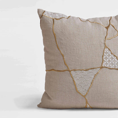 KINTSUGI Embroidered Linen Pillow Cover – 18x18 Inch, Gold & White Embroidery, Medium Mend