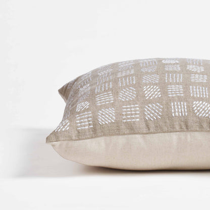 PURE ELEMENTS - Pure Linen Pillow Cover with White Rice Stitch Embroidery - Grid Pattern | 18x18 inches
