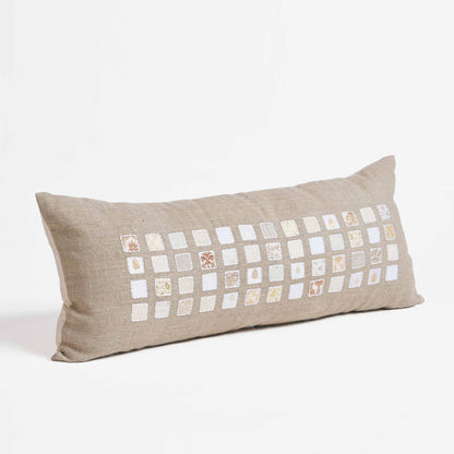 PURE ELEMENTS - Pure Linen Pillow Cover with White Grid Appliqué & Rice Stitch Embroidery | 12X30 inches