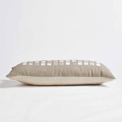 PURE ELEMENTS - Pure Linen Pillow Cover with White Grid Appliqué & Rice Stitch Embroidery | 12X30 inches