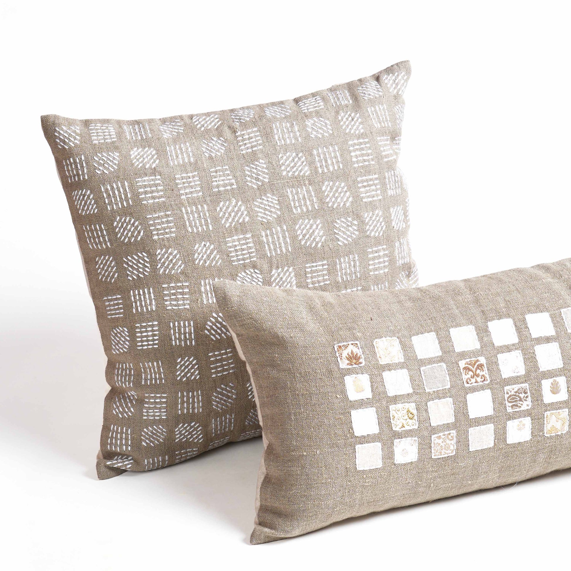 Pure Linen Pillow Cover with White Grid & Rice Stitch Embroidery
