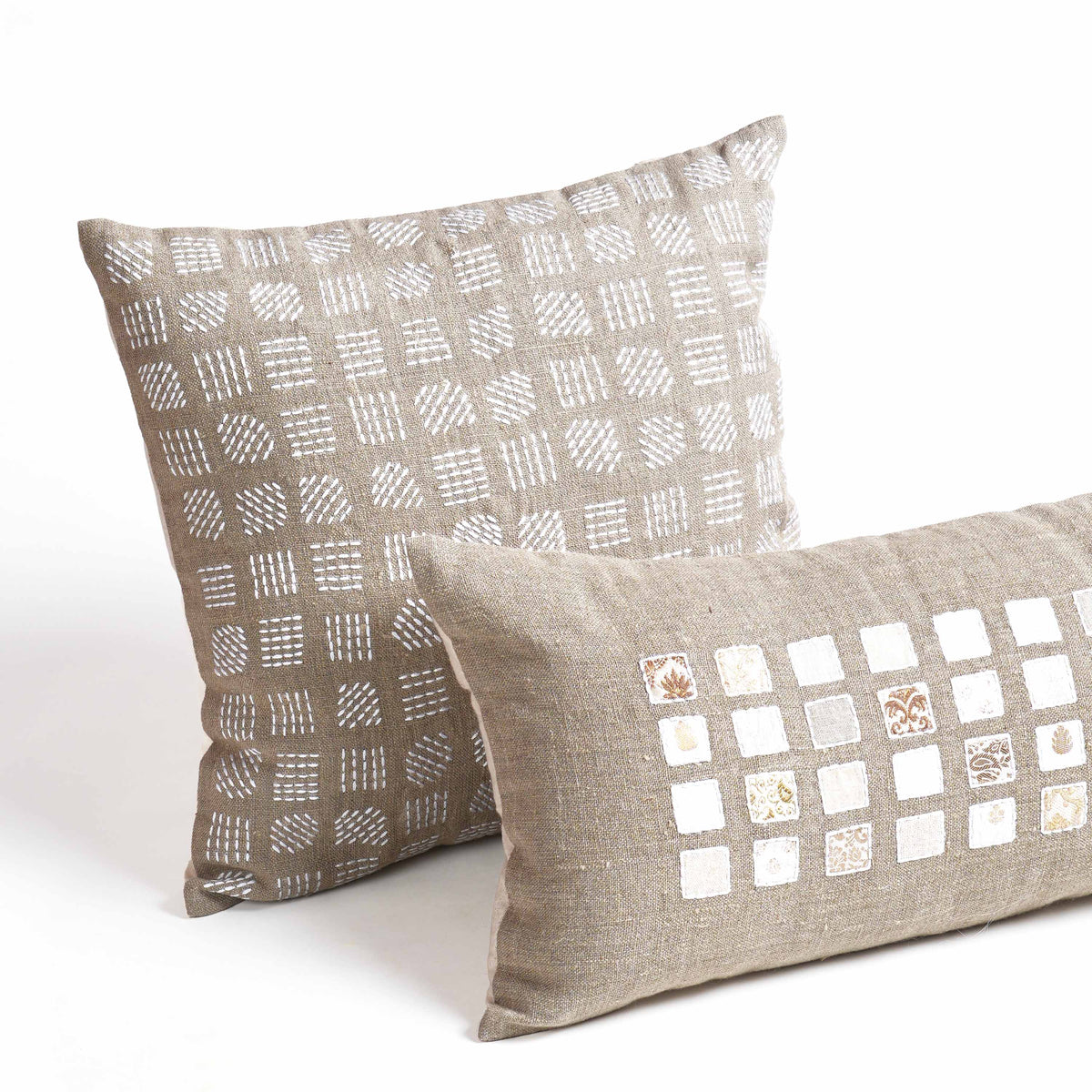 PURE ELEMENTS - Pure Linen Pillow Cover with White Grid Appliqué & Rice Stitch Embroidery | 12X30 inches