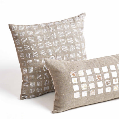PURE ELEMENTS - Pure Linen Pillow Cover with White Grid Appliqué & Rice Stitch Embroidery | 12X30 inches