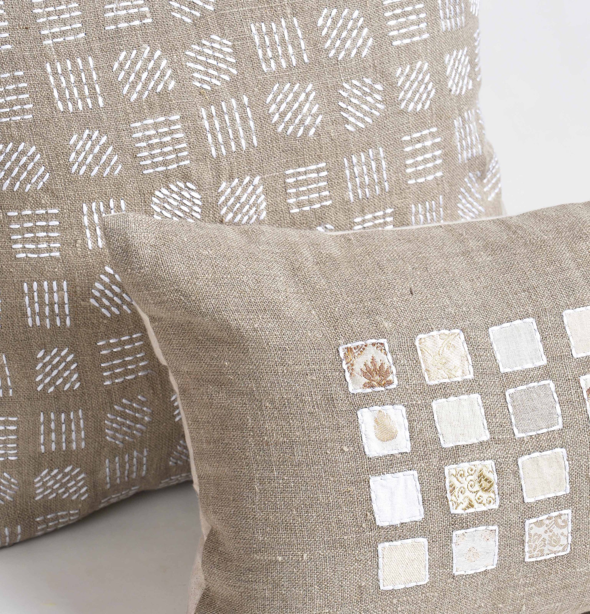 Pure Elements 100% Linen Pillow Cover with White Grid Embroidery