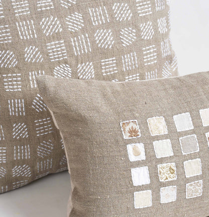 Pure Elements 100% Linen Pillow Cover with White Grid Embroidery