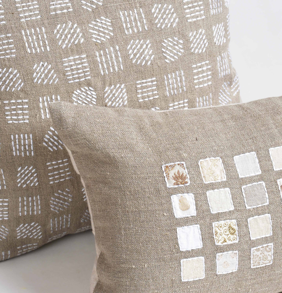 PURE ELEMENTS - Pure Linen Pillow Cover with White Rice Stitch Embroidery - Grid Pattern | 18x18 inches