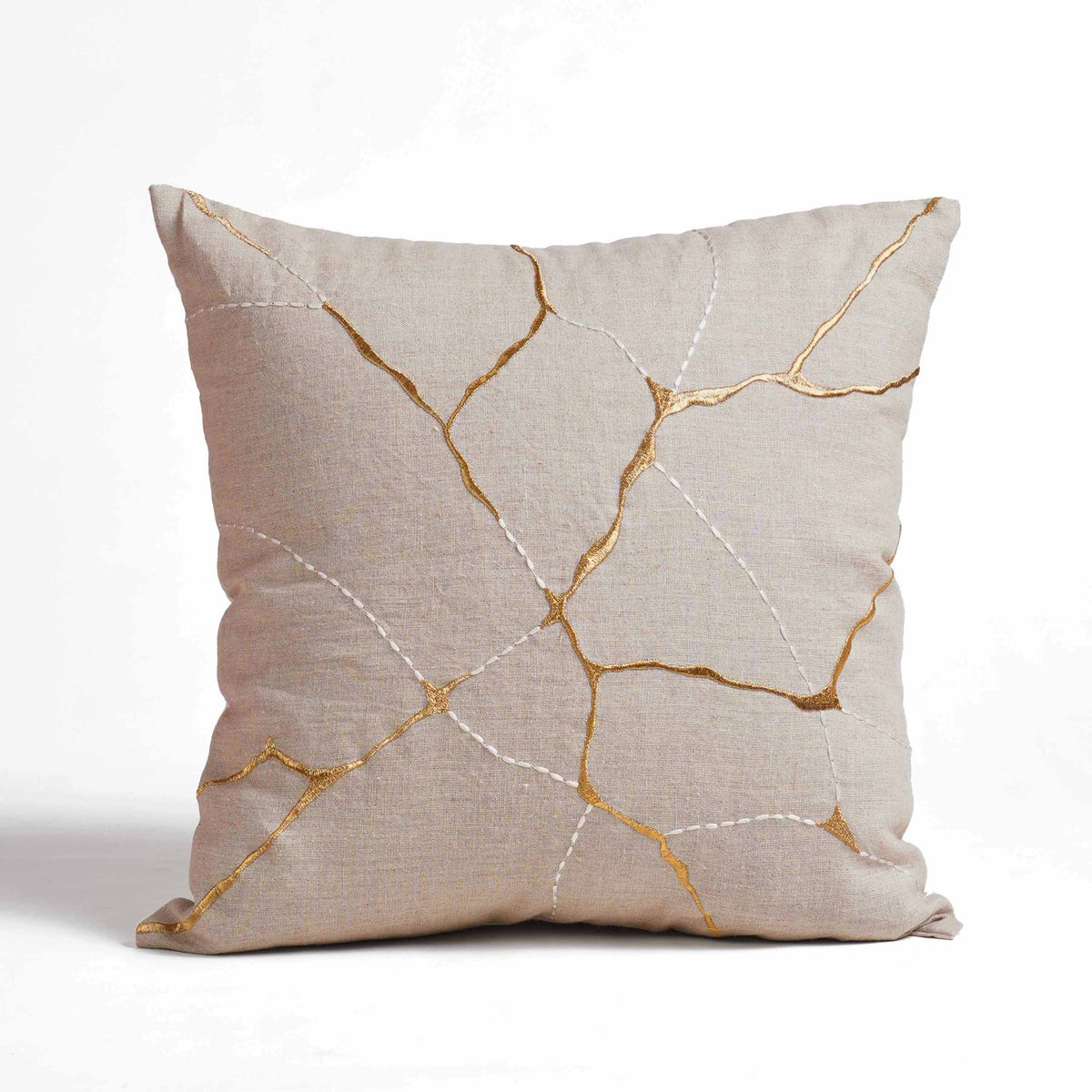 KINTSUGI Embroidered Linen Pillow Cover – 18x18 Inch, Gold & White Embroidery, Small Mend
