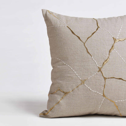 Kintsugi Embroidered Linen Pillow Cover 18x18 Gold White